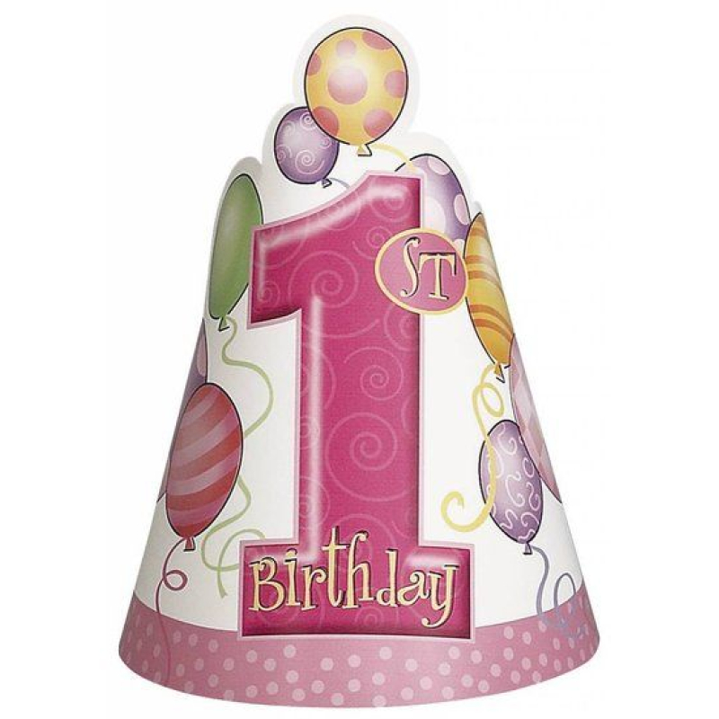 8 feesthoedjes 1 jaar roze of blauw