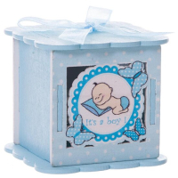 houten doosje met baby in blauw of roze baby