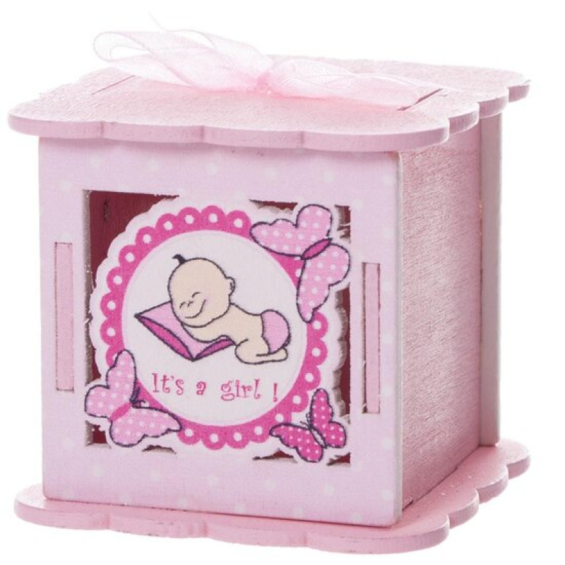 houten doosje met baby in blauw of roze baby