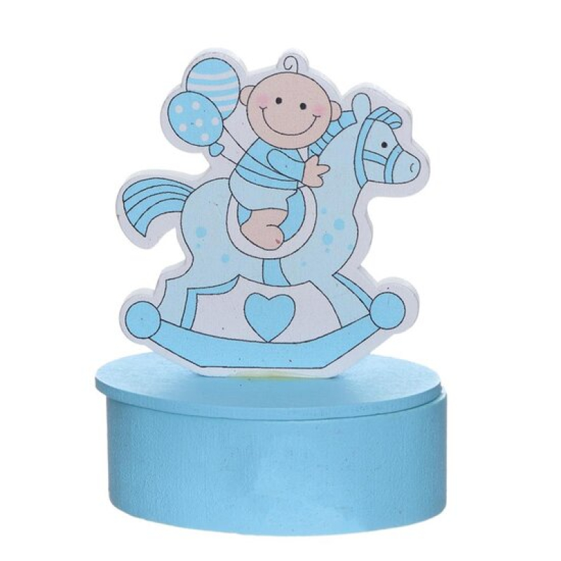 doosje met baby op hobbelpaard in blauw of roze