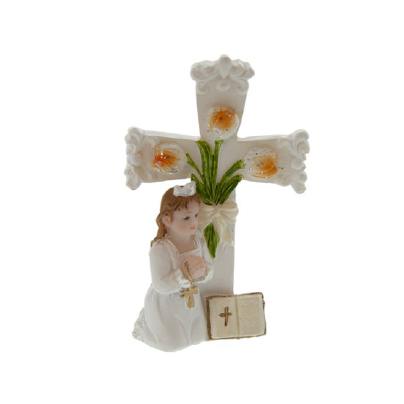 beeldje communie meisje kruis gele bloemen