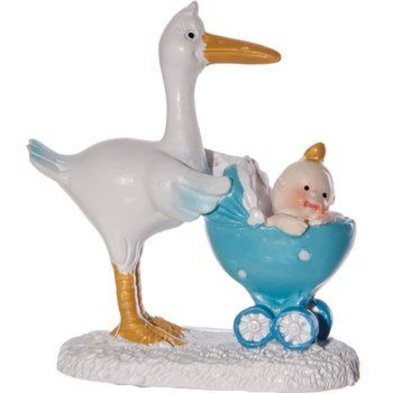beeldje blauwe ooievaar met kinderwagen